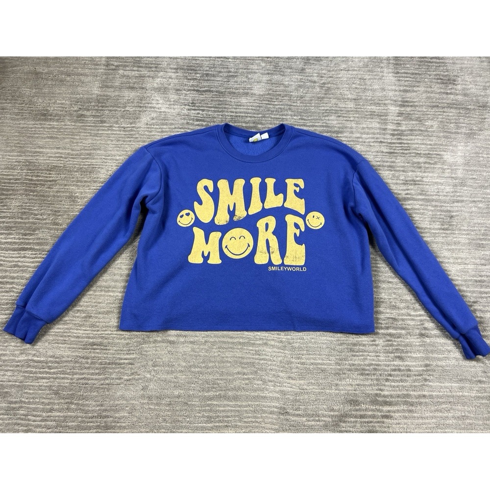 Smiley World Cropped Sweatshirt Womens Small‎ Blue Long Sleeve Polyester Blend